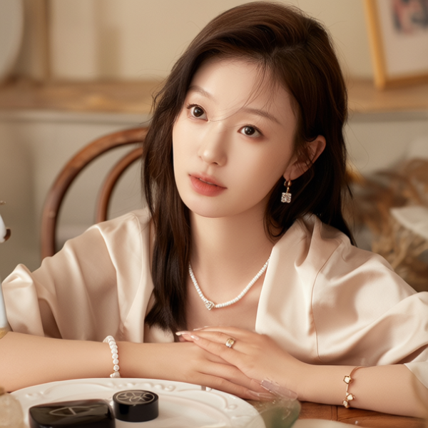 生活瞬间，美女，韩系美女，丝绸，美妆广告，家庭餐桌，4K超清，写实风格，温馨，柔和室内光，细腻皮肤，项链，耳环，手链。